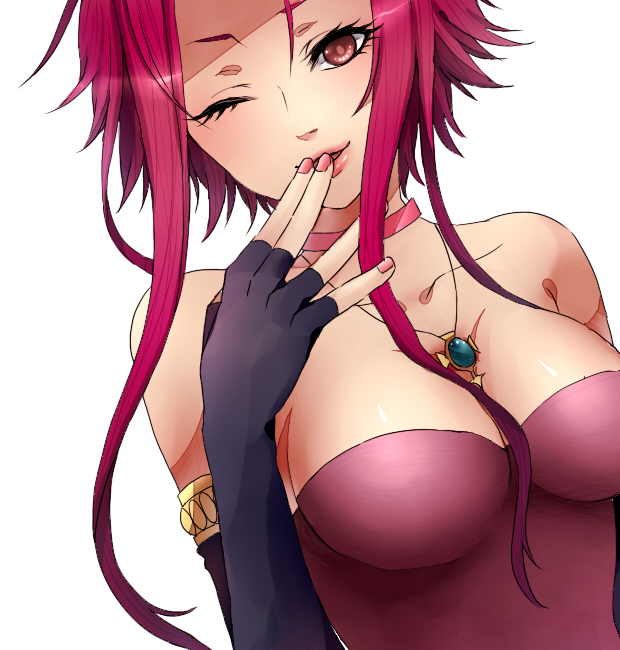 akiza_izinski armlet asa_curry bad_id bare_shoulders breasts choker cleavage collarbone fingerless_gloves gloves izayoi_aki jewelry large_breasts lips long_hair nail_polish necklace red_eyes red_hair redhead simple_background smile solo wink yu-gi-oh! yuu-gi-ou yuu-gi-ou_5d's yuu-gi-ou_5d's