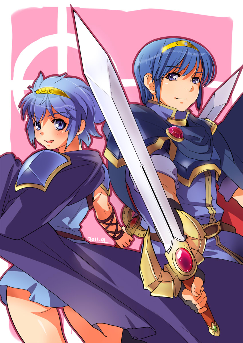 1boy 1girl back-to-back blue_eyes blue_hair dual_persona fire_emblem fire_emblem:_mystery_of_the_emblem fire_emblem:_shin_ankoku_ryuu_to_hikari_no_tsurugi fire_emblem_mystery_of_the_emblem fire_emblem_shadow_dragon genderswap genderswap_(mtf) highres intelligent_systems marth marth_(fire_emblem) nintendo noshiro_masaru pauldron pauldrons short_hair smile sword tiara weapon yajiro_masaru