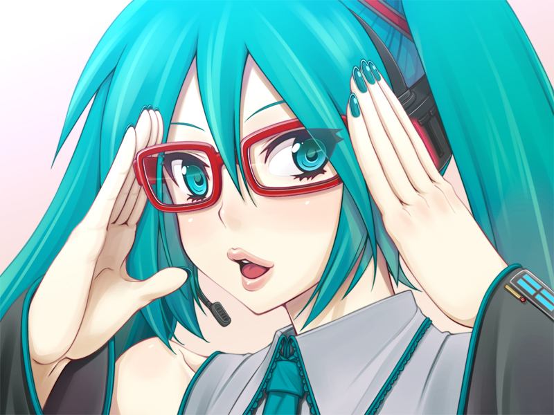 aqua_eyes aqua_hair bespectacled face glasses hands hatsune_miku headphones headset inu1tou lips long_hair looking_at_viewer matching_hair/eyes nail_polish necktie open_mouth portrait red_glasses solo twintails vocaloid