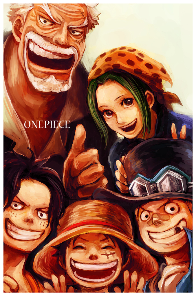 4boys age_difference bandaid brothers child family freckles grandfather happy hat makino_(one_piece) missing_tooth monkey_d._garp monkey_d._luffy multiple_boys one_piece portgas_d._ace sabo_(one_piece) scar siblings smile title_drop tsuyomaru young