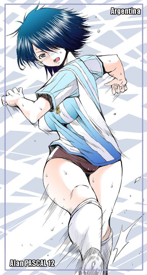 argentina black_hair buruma captain_tsubasa genderswap hair_over_one_eye red-rum short_hair soccer_uniform sweat thighs