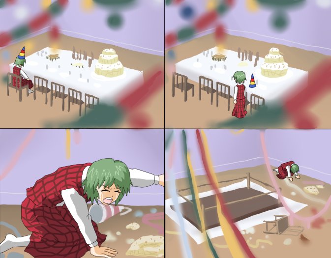 1girl cake chair decorations food green_hair hat kazami_yuuka kyojin_no_hoshi lonely pakira parody party_hat plate solo table tablecloth tears touhou youkai