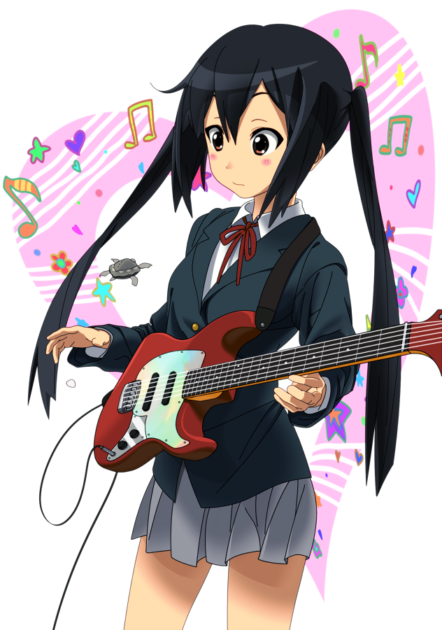 brown_eyes guitar instrument k-on! long_hair mayuge_(vec) nakano_azusa school_uniform ton-chan turtle twintails