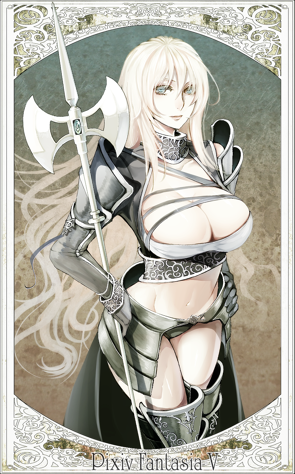 armor art_nouveau axe blue_eyes boots breasts cleavage face hand_on_hip highres large_breasts long_hair midriff mound_of_venus navel nicole pixiv_fantasia pixiv_fantasia_5 solo thigh-highs thigh_boots thighhighs warrior weapon white_hair