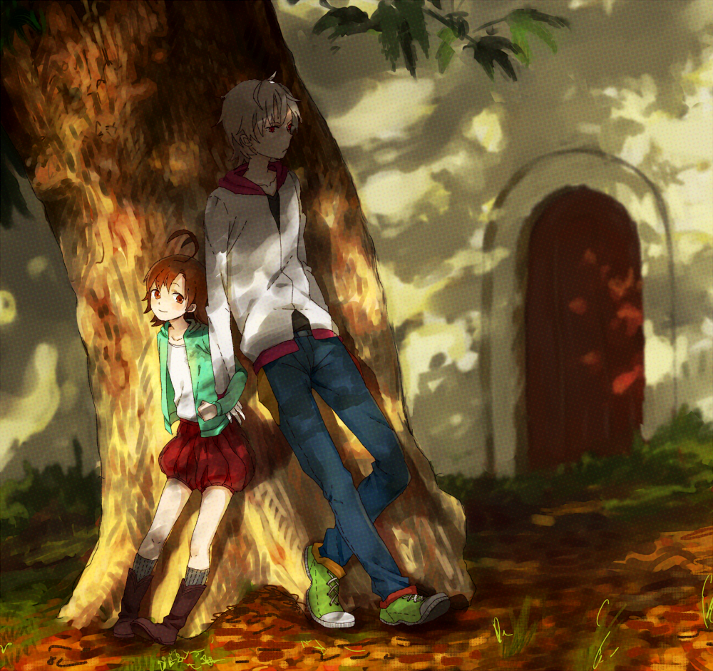 ahoge albino arms_interlocked blush brown_eyes brown_hair door jeans kei_(osorakuperhaps) last_order locked_arms nature red_eyes shoes side-by-side smile sneakers sweater to_aru_majutsu_no_index tree white_hair