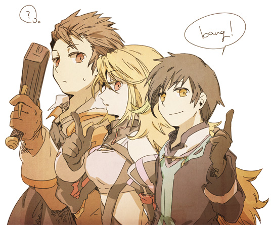 2boys ? alvin_(tales_of_xillia) bare_shoulders black_hair blonde_hair brown_hair english finger_gun gloves gun hacho jude_mathis long_hair milla_maxwell multiple_boys side-by-side smile tales_of_(series) tales_of_xillia very_long_hair weapon white_background yellow_eyes