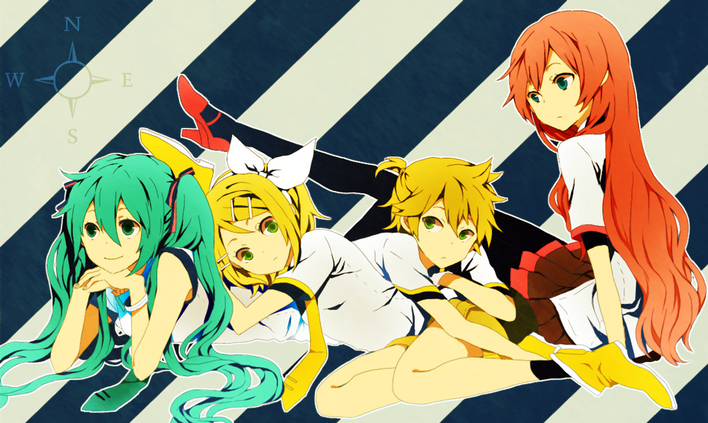 aqua_hair blonde_hair hair_ornament hair_ribbon hairclip hatsune_miku kagamine_len kagamine_rin long_hair lying megurine_luka on_stomach ono_(0_no) pantyhose pink_hair ribbon shoes short_hair sitting skirt smile twintails vocaloid