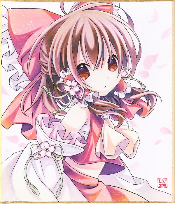 bare_shoulders bow brown_hair bust cherry_blossoms detached_sleeves face hair_bow hair_tubes hakurei_reimu kagami_leo marker_(medium) midriff miko ornate red_eyes ribbon scabbard sheath shikishi solo touhou traditional_media