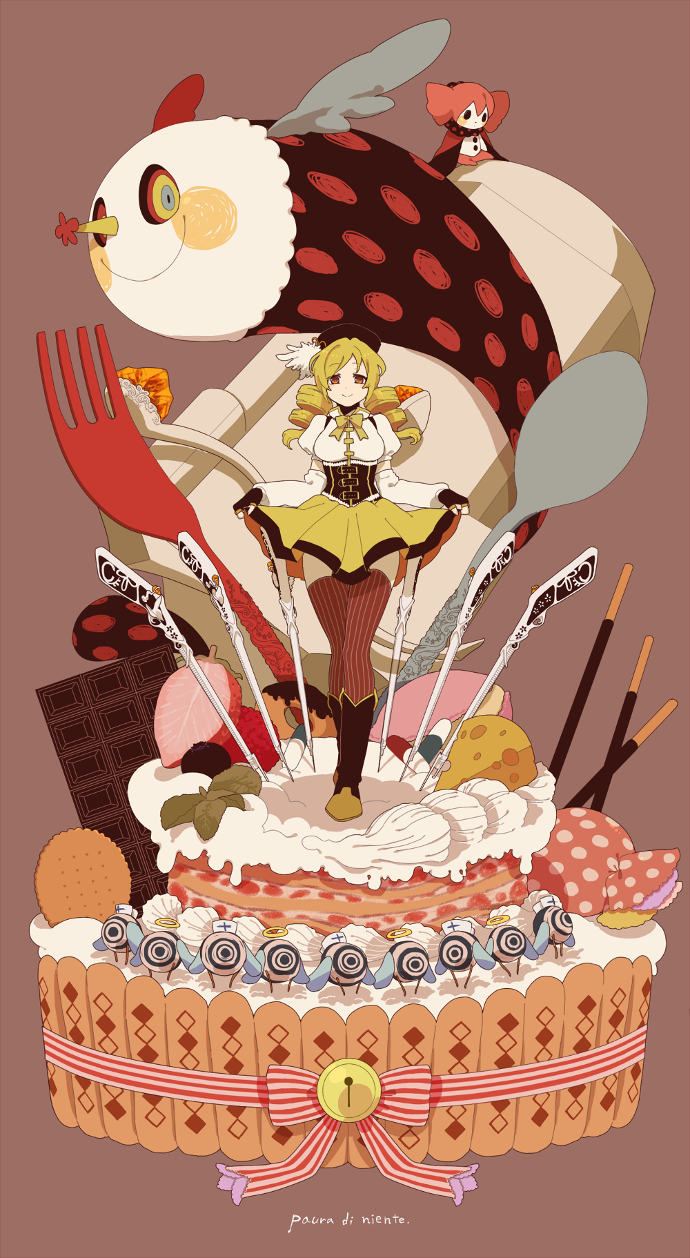 bad_id blonde_hair boots cake charlotte_(madoka_magica) cookie drill_hair food fork gun hat highres italian knee_boots long_hair magical_musket mahou_shoujo_madoka_magica pocky pyotr_(madoka_magica) rifle skirt tachibana_amane_(amane01a) thigh-highs thighhighs tomoe_mami twin_drills weapon whipped_cream zettai_ryouiki