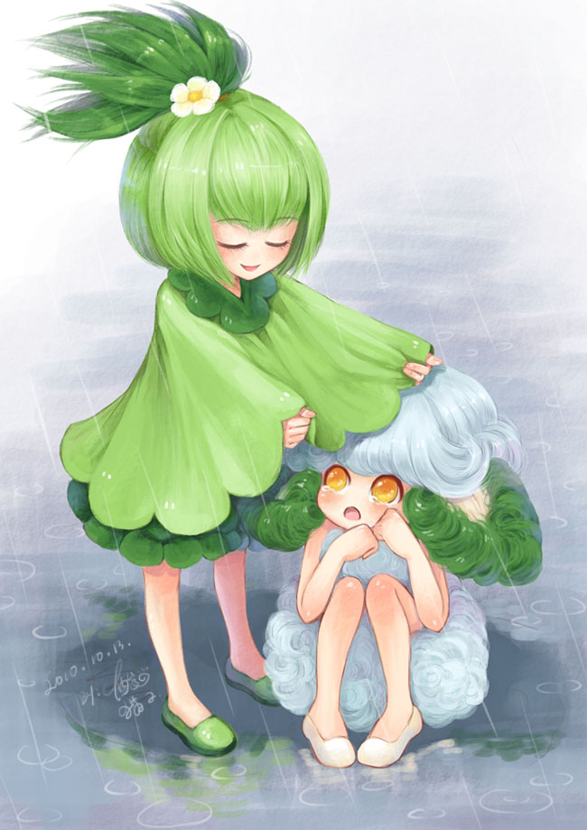 cloak closed_eyes cottonee curly_hair eyes_closed flower green_hair hair_flower hair_ornament multiple_girls personification petilil pokemon pokemon_(game) pokemon_black_and_white pokemon_bw rain sanmi_tenten sitting slippers tears yellow_eyes