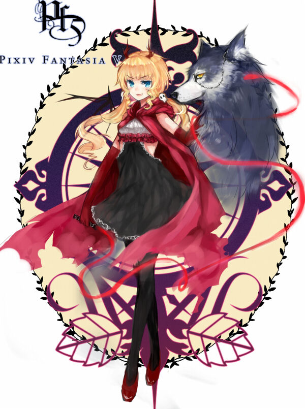 blonde_hair blue_eyes cape dress elbow_gloves fang frills gloves high_heels hoodie horns imi_fumei long_hair monocle pantyhose pixiv_fantasia pixiv_fantasia_5 shoes solo whip wolf