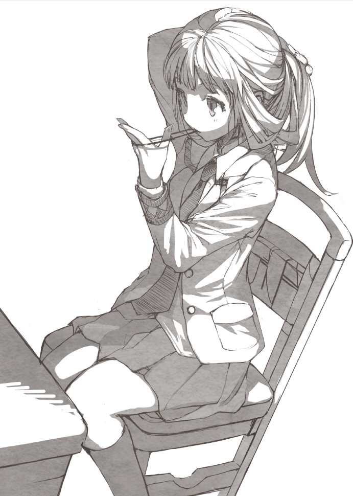 blazer chair face hair_tie hands monochrome necktie original ponytail school_uniform shirabi_(life-is-free) sitting skirt solo tying_hair