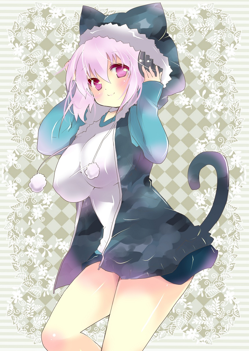 blush breasts cat_tail headphones highres hood inui_atsu jacket large_breasts legs miniskirt nitroplus pink_eyes pink_hair short_hair skirt smile sonico soniko super_sonico super_soniko tail thick_thighs thighs