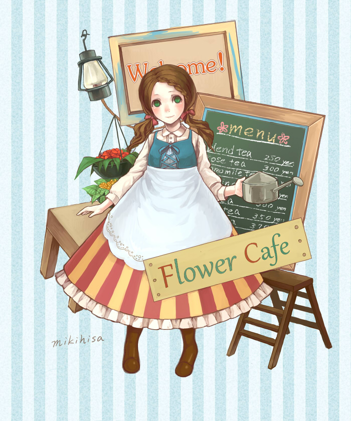 bad_id blouse blush boots bow braid brown_boots brown_hair chalkboard dress dress_shirt english flower flower_pot flowers frills green_eyes ladder lantern leaves menu mikihisa415 numbers original plants ribbon ribbons rope sign signature solo step_ladder striped striped_background striped_dress stripes table twintails watering_can young