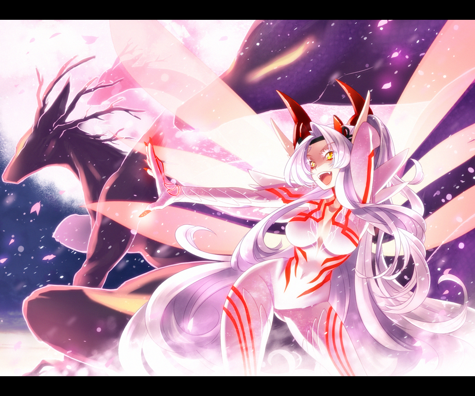 bodysuit creature fang fantasy fingernails hazuki_gean letterboxed long_hair multiple_wings outstretched_hand petals pixiv_fantasia pixiv_fantasia_5 smile solo white_hair wings yellow_eyes