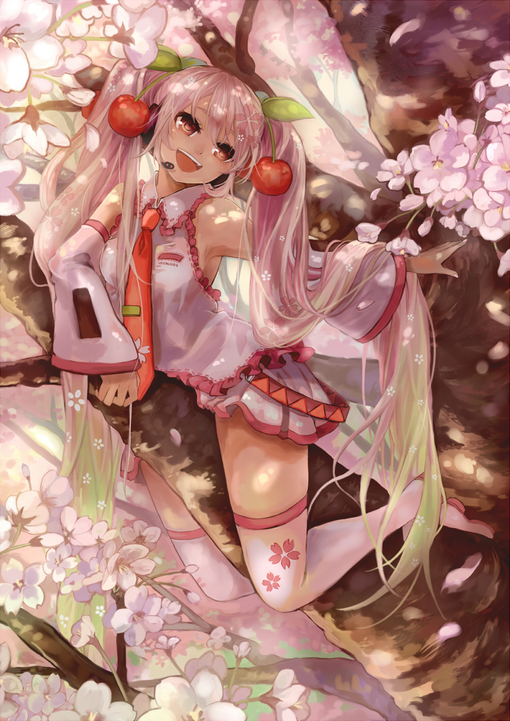 armpits bare_shoulders cherry cherry_blossoms climbing detached_sleeves dress food fruit hatsune_miku highres in_tree leg_hold long_hair lying object_namesake on_stomach open_mouth pink_dress pink_eyes pink_hair pink_legwear pisuke sakura_miku sitting sitting_in_tree smile solo straddle thighhighs tree twintails very_long_hair vocaloid zettai_ryouiki