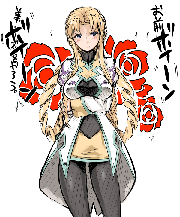 blonde_hair blue_eyes blush breasts character_request fechirin large_breasts marguerite_pistail pantyhose solo super_robot_wars super_robot_wars_z super_robot_wars_z2 translation_request uniform