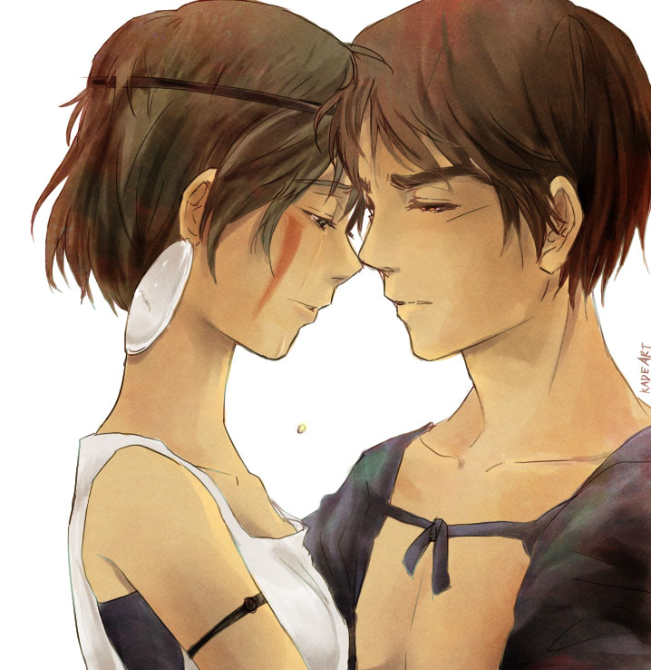 1boy 1girl armband brown_hair couple earrings face ghibli headband k@de mononoke_hime sad san scar simple_background studio_ghibli tears