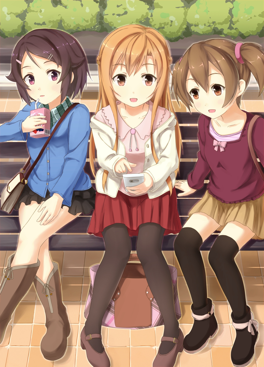 .com 3girls asuna_(sao) bag bench black_hair brown_eyes brown_hair cellphone female highres lisbeth long_hair multiple_girls phone purse red_eyes short_hair silica sitting sword_art_online thigh-highs twintails yuuki_asuna