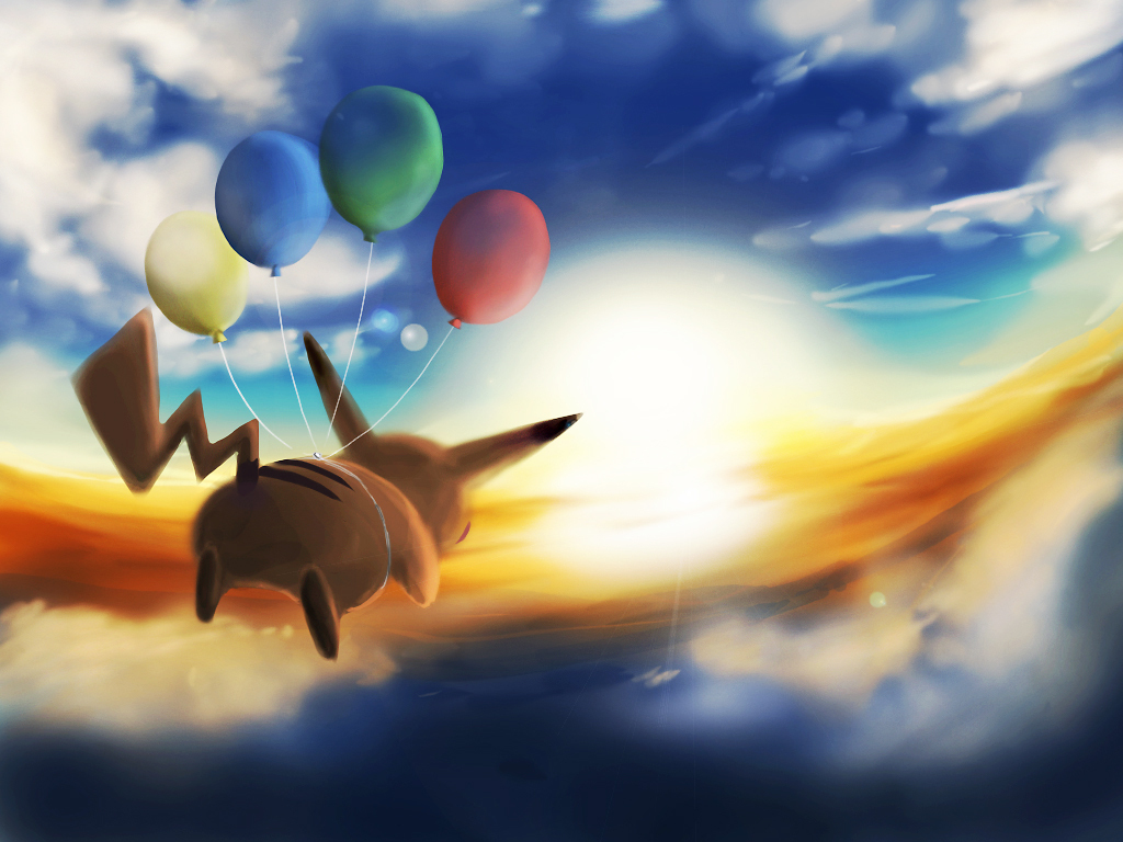 balloon flying flying_pikachu moggy-cat no_humans pikachu pokemon pokemon_(creature) pokemon_(game) pokemon_rgby sunset