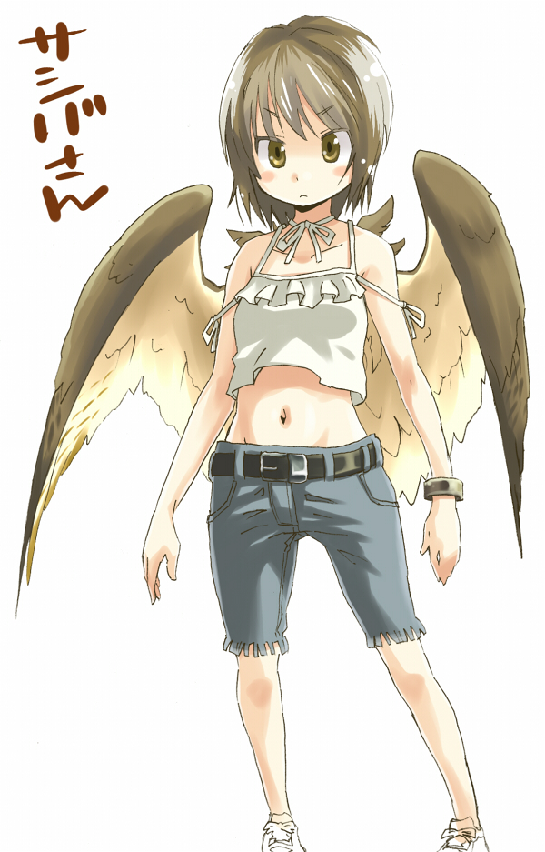 alternate_costume alternate_hairstyle belt blush_stickers brown_eyes brown_hair casual contemporary face flat_chest midriff mystia_lorelei navel no_hat no_headwear original serious shorts simple_background solo standing touhou translated translation_request white_background wings yudepii yuderupii