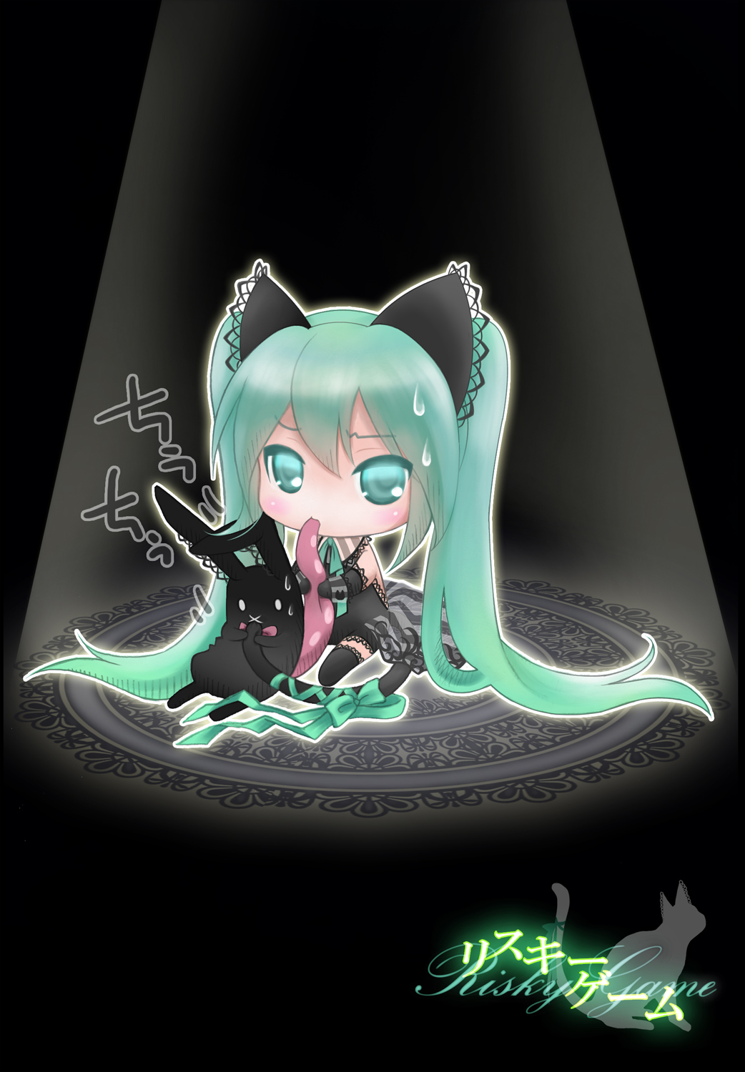 aqua_hair bad_id cat_tail chibi hatsune_miku highres holding_another's_tail itto_maru kemonomimi_mode ribbon risky_game_(vocaloid) sitting stuffed_animal stuffed_toy sucking_tail sweatdrop tail tail_grab twintails vocaloid