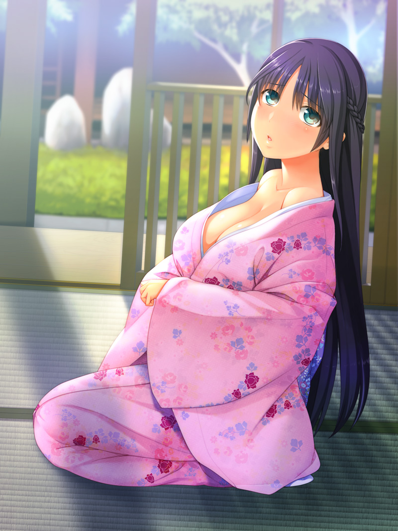 black_hair blurry blush breasts cleavage depth_of_field floral_print green_eyes huge_breasts japanese_clothes kimono kneeling large_breasts long_hair original seiza sitting solo tatami yuzuriha_(active_homing) zangyura