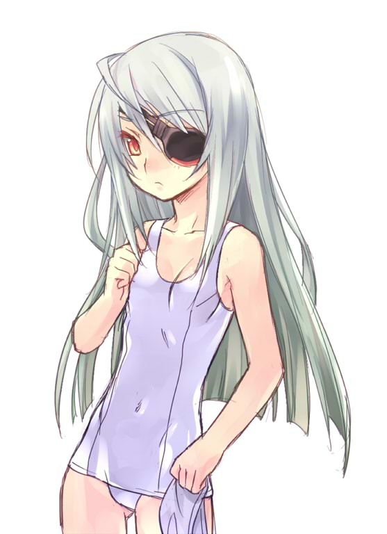 adjusting_swimsuit ahoge collarbone eyepatch flat_chest infinite_stratos laura_bodewig long_hair red_eyes school_swimsuit silver_hair simple_background solo standing swimsuit tsurime wanko_(pixiv) white_school_swimsuit
