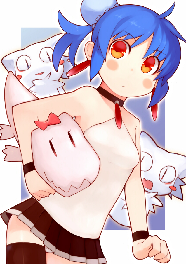 bachera blue_hair blush bun_cover cat choker double_bun earrings jewelry orange_eyes original panties pantyshot skirt stuffed_animal stuffed_toy thigh-highs thighhighs underwear wristband