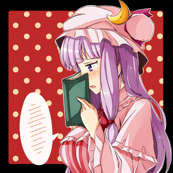 blush book bow breasts bust crescent hair_bow hair_ornament hat large_breasts long_hair long_sleeves nervous open_mouth patchouli_knowledge purple_eyes purple_hair ribbon solo soto_miyako spoken_blush touhou violet_eyes