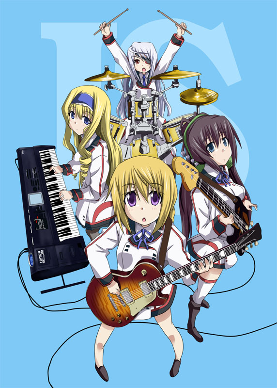 black_hair blonde_hair blue_eyes boots cagayake!_girls_pose cecilia_alcott charlotte_dunois drum drum_set electric_guitar eyepatch green_eyes guitar hikasa_youko infinite_stratos instrument k-on! laura_bodewig long_hair mister_(black_and_white) pantyhose parody purple_eyes seiyuu_connection shinonono_houki silver_hair synthesizer thighhighs uniform violet_eyes