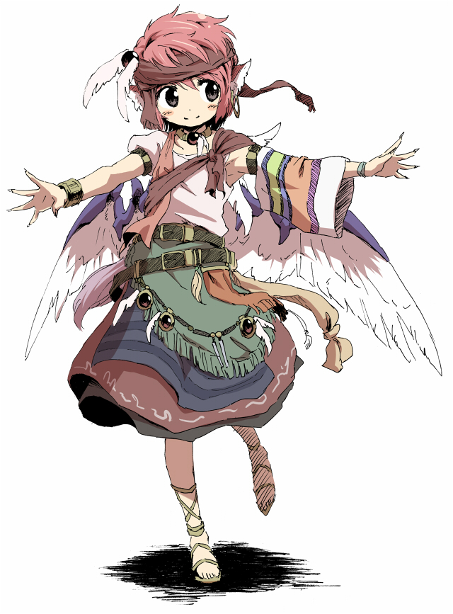 alternate_costume alternate_hairstyle animal_ears bandana belt blush dress_shirt earrings face feathers jewelry light_smile mystia_lorelei no_hat no_headwear outstretched_arms pink_hair purple_eyes shirt short_hair single_earring smile solo touhou violet_eyes wings yudepii yuderupii