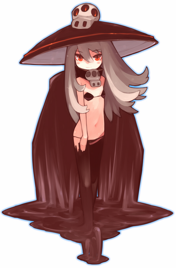 bikini_top black_legwear blush cape child copyright_request flat_chest grey_hair hat long_hair lowleg lowleg_panties orange_eyes panties simple_background slime smile solo thigh-highs thighhighs underwear