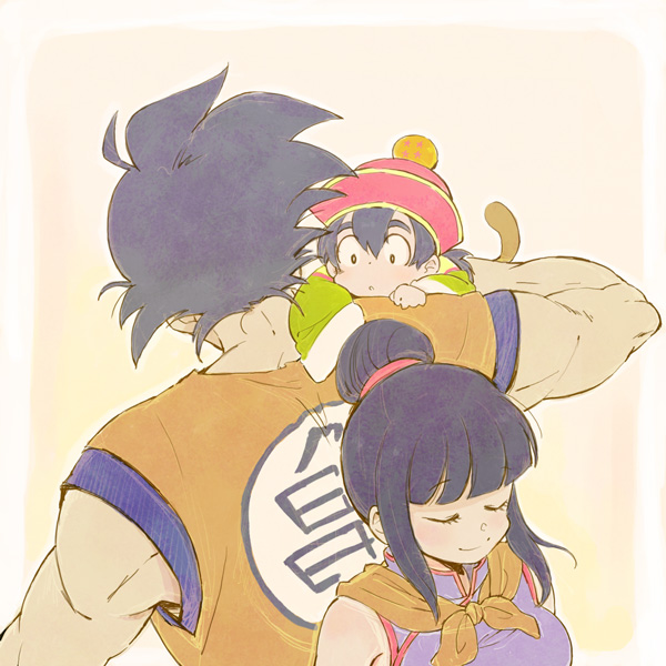 1girl 2boys back-to-back black_hair carrying chichi closed_eyes dragon_ball dragon_ball_z family father_and_son hat long_hair mother_and_son mukamo_(inujita) multiple_boys smile son_gohan son_gokuu tail