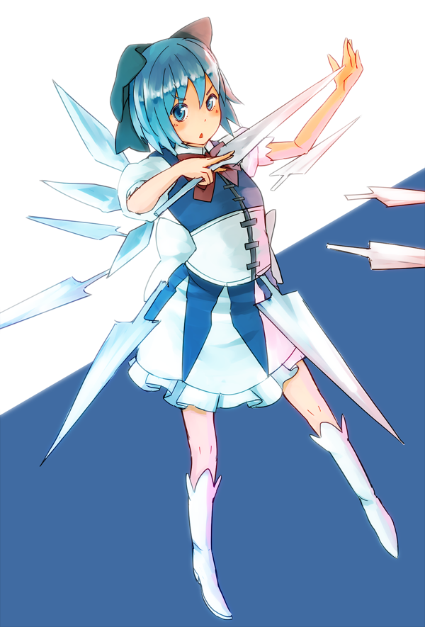 &gt;:o adapted_costume alternate_costume blue_eyes blue_hair boots bowtie cirno danmaku dress knee_boots nosuku short_hair solo touhou wings