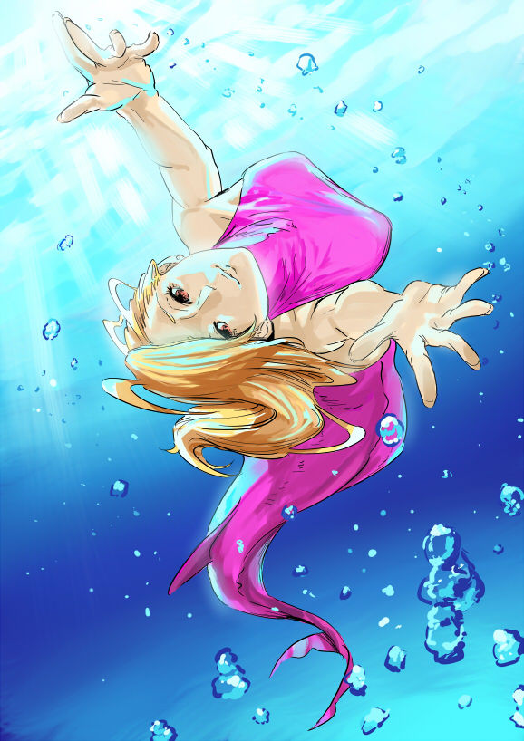 breasts delta_zone large_breasts long_hair mermaid monster_girl original outstretched_arms smile solo spread_arms underwater