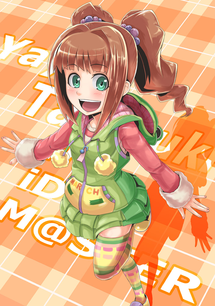 :d brown_hair dan_(orange_train) green_eyes hoodie idolmaster long_hair open_mouth outstretched_arms skirt smile solo spread_arms takatsuki_yayoi thigh-highs thighhighs twintails