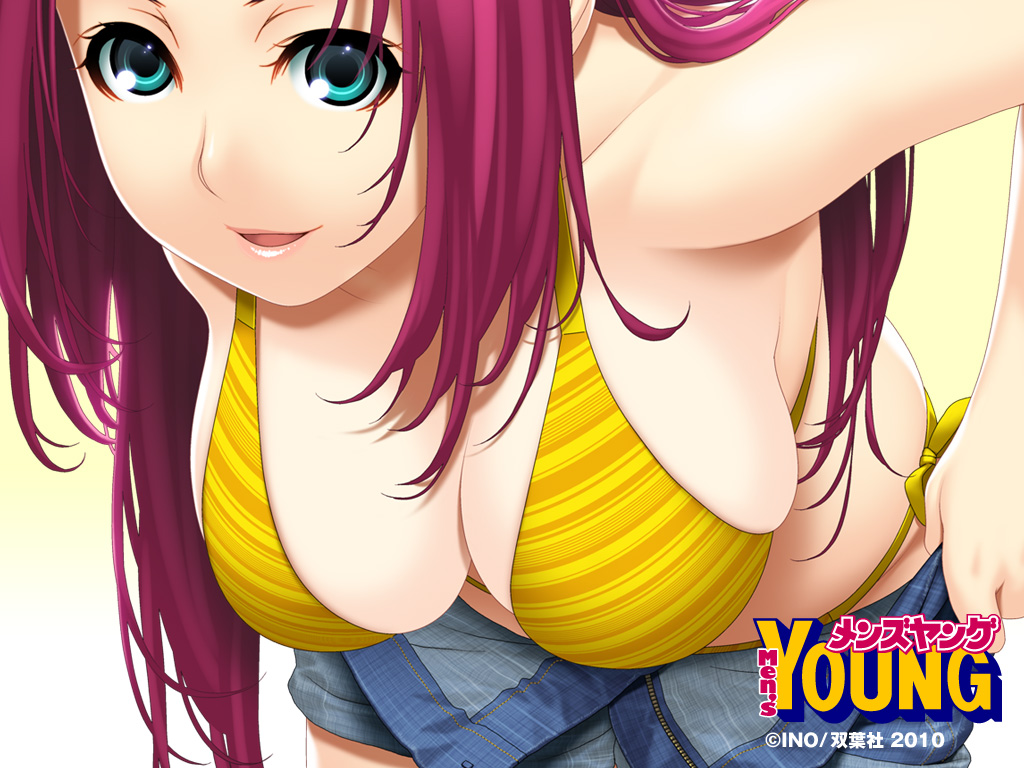 2010 :d aqua_eyes bent_over bikini blue_eyes breasts cleavage denim denim_shorts face foreshortening gradient ino large_breasts leaning_forward lips lipstick long_hair looking_at_viewer makeup men's_young open_fly open_mouth pink_hair purple_hair shorts shorts_pull side-tie_bikini sideboob skindentation smile solo striped striped_bikini striped_swimsuit swimsuit swimsuit_under_clothes undressing unzipped wallpaper