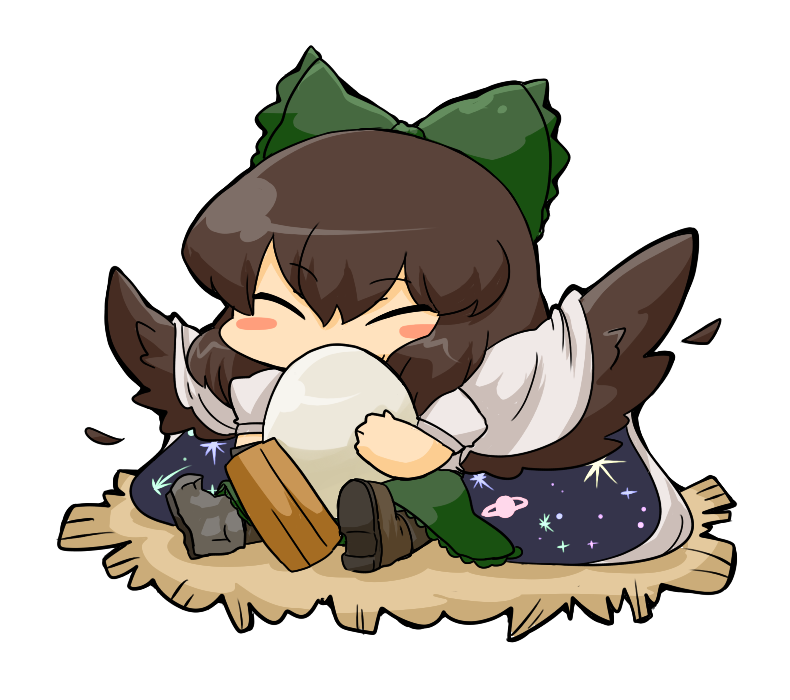 arm_cannon blush_stickers bow brown_hair cape chibi closed_eyes egg eyes_closed hair_bow mismatched_footwear nest nura_(oaaaaaa) reiuji_utsuho sitting solo touhou weapon wings