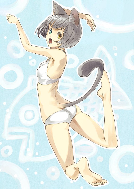 :o animal_ears aqua_eyes ass back bare_legs bare_shoulders barefoot bob_cut bra cat_ears cat_tail colored_eyelashes eyelashes feet flat_chest from_behind hands heterochromia jumping lingerie looking_back open_mouth original panties shimotsuki_eight short_hair soles solo sports_bra tail underwear underwear_only white_bra white_panties yellow_eyes