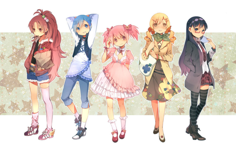 akemi_homura alternate_costume apple arms_behind_head bag belt black_eyes black_hair blonde_hair blue_eyes blue_hair blush book capri_pants casual choker denim denim_shorts dress drill_hair food food_as_clothes food_themed_clothes frills fruit glasses grin hairband hand_in_pocket jacket kaname_madoka long_hair mahou_shoujo_madoka_magica mary_janes miki_sayaka mismatched_legwear multiple_girls necktie newrein pink_eyes pink_hair pink_legwear plaid plaid_skirt pleated_skirt pocky ponytail puffy_sleeves red-framed_glasses red_eyes red_hair redhead sakura_kyouko scarf shoes short_hair short_twintails shorts skirt smile sneakers striped striped_legwear tartan thigh-highs thighhighs tomoe_mami twintails