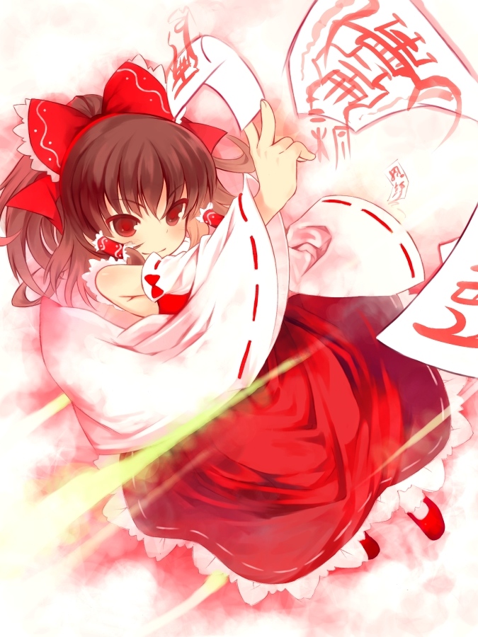 &gt;:) bow colored_eyelashes detached_sleeves hair_bow hair_ribbon hakurei_reimu kurasuke miko ofuda ponytail red_eyes ribbon solo touhou wide_sleeves