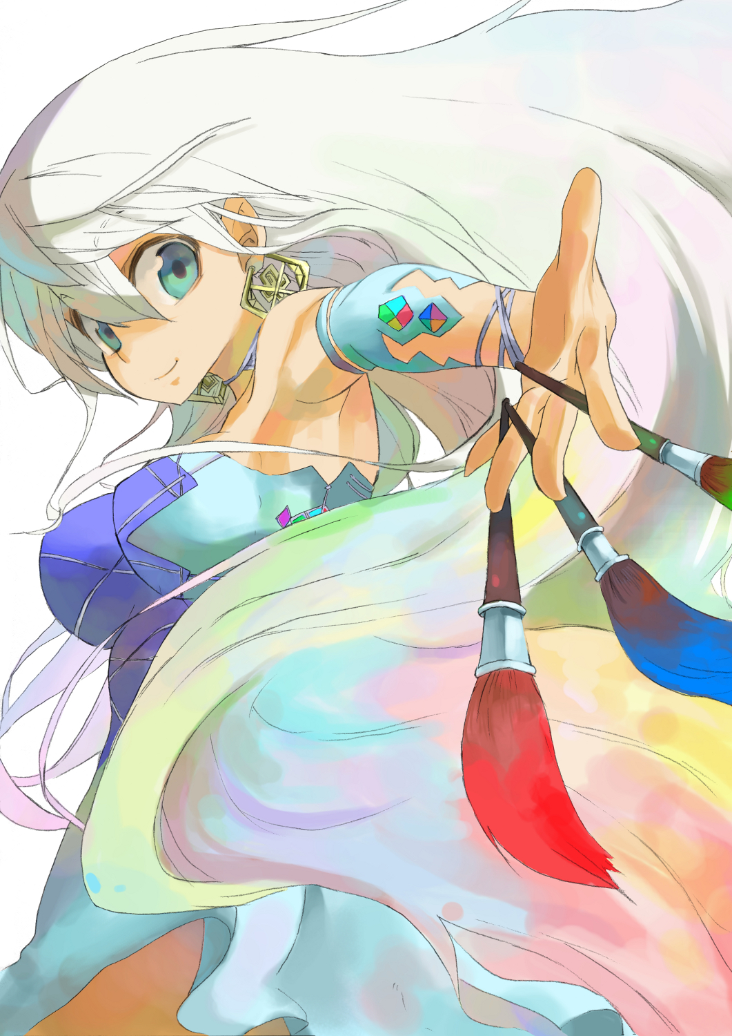 aqua_eyes armpits art_brush between_fingers blue_eyes breasts character_request choker colorful dress earrings highres jewelry jonasan long_hair original outstretched_hand paintbrush simple_background smile solo strapless very_long_hair white_hair