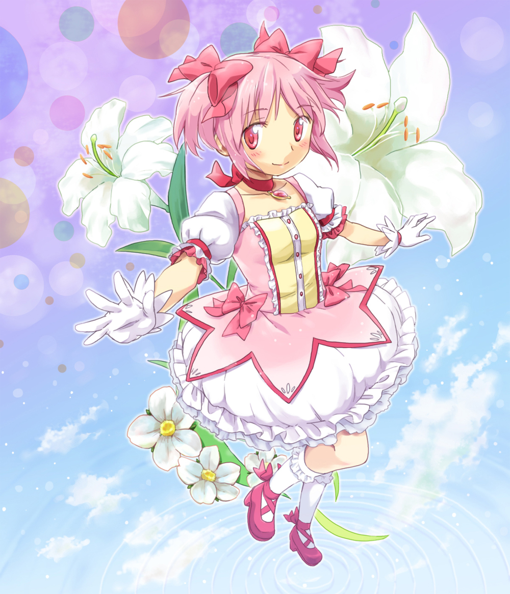 bubble_skirt d-nezumi flower gloves hair_bow kaname_madoka kneehighs lily lily_(flower) magical_girl mahou_shoujo_madoka_magica pink_eyes pink_hair shoes short_twintails twintails white_gloves white_legwear