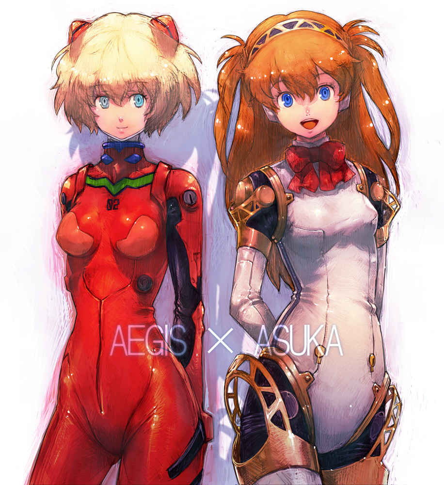 aegis aegis_(cosplay) blonde_hair blue_eyes boyaking brown_hair cosplay costume_switch crossover long_hair multiple_girls neon_genesis_evangelion open_mouth persona persona_3 plugsuit plugsuit(cosplay) plugsuit_(cosplay) short_hair smile soryu_asuka_langley soryu_asuka_langley_(cosplay) souryuu_asuka_langley souryuu_asuka_langley_(cosplay) twintails