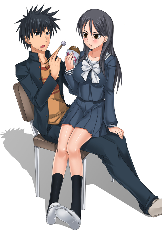 blazer bread chopsticks darkmaya food fukiyose_seiri kamijou_touma long_hair school_uniform serafuku sitting sitting_on_lap sitting_on_person skirt spiked_hair spiky_hair to_aru_majutsu_no_index