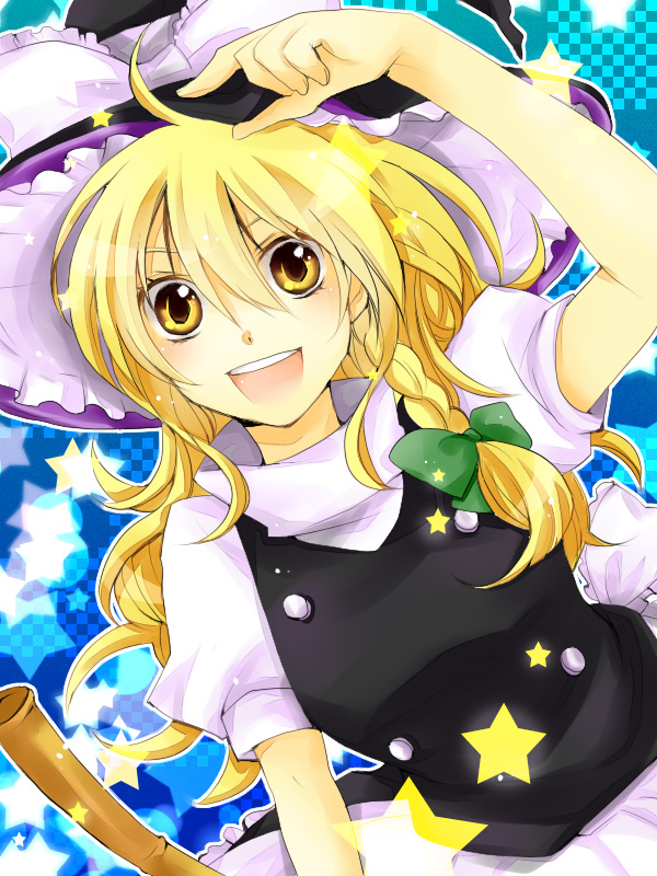 :d bad_id bamboo_broom blonde_hair braid broom bust hat kinoko0505 kirisame_marisa open_mouth smile solo standing star touhou witch witch_hat yellow_eyes