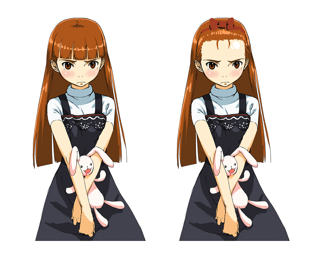 alternate_hairstyle bad_id bangs blunt_bangs blush brown_eyes brown_hair bunny cozy doll_hug forehead frown idolmaster minase_iori the_idolm@ster v_arms variations