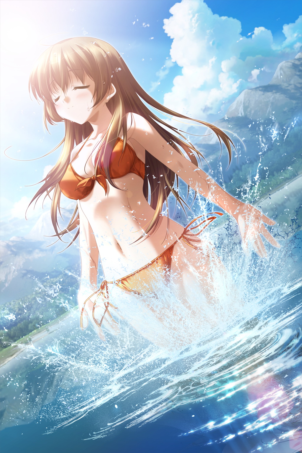 bikini blush brown_hair chikotam closed_eyes cloud dutch_angle eden eden*_they_were_only_two_on_the_planet front-tie_top highres long_hair navel side-tie_bikini sky smile solo splash swimsuit swimsuit wading water