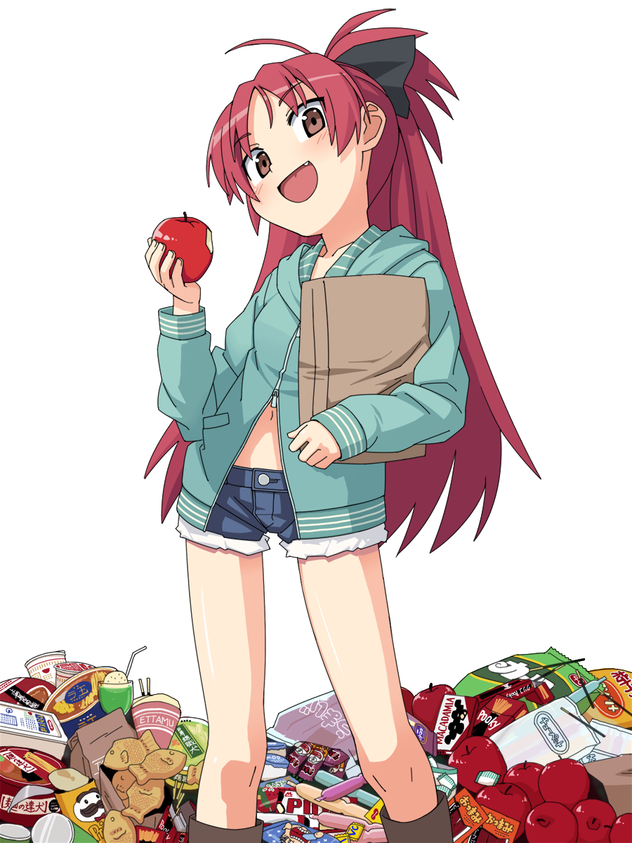 :d apple bad_id bag brown_eyes cup_ramen cutoffs ettamu food fruit highres holding holding_apple holding_fruit ice_cream long_hair looking_at_viewer mahou_shoujo_madoka_magica midriff navel noodles open_mouth pocky ponytail potato_chips pringles ramen red_hair redhead sakura_kyouko shopping_bag short_shorts shorts simple_background smile snack snacks solo taiyaki tupet umaibou wagashi yakisoba